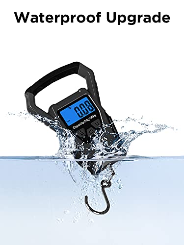 HEETA Waterproof Fish Scale Digital Hanging Fishing Luggage Weight Scale | Up 110lb/50kg Portable Scale with Backlit LCD Display, for Home & Outdoor, Measuring Tape and 2 AAA Batteries Included - color: Black