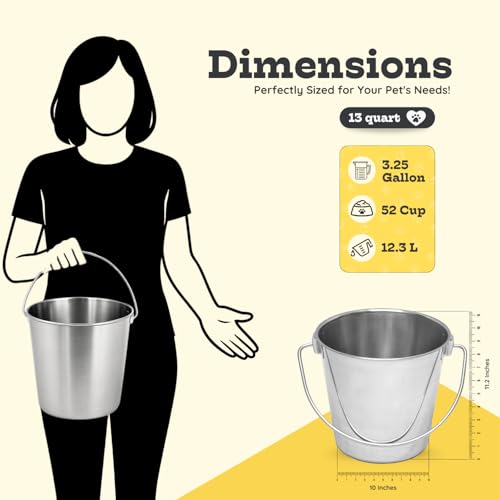 13 quart Heavy Duty Stainless Steel Round Bucket with Handle | 3.25 gal Sturdy Food & Water for XXL Dogs Goats sheep Horse & Livestock | Fits kennel Crate Cage Farm | Hanging Utility Pail - size: 13 Quarts
