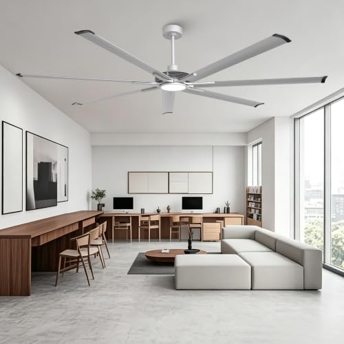 100" HVLS Ceiling Fan with Light/Remote, Large Rooms, Nickel | High-Volume Air Circulation Large Open-Space 24W 3CCT Dimmable LED Aluminum Blades Reversible High Ceiling - color: Sliver, size: 100-inch