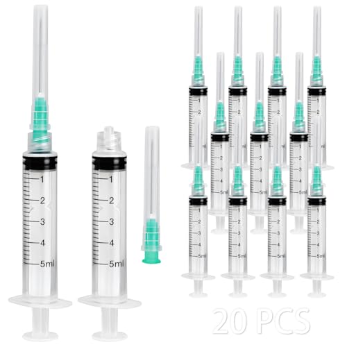 20 Pack 5ml Syringes with 21G 1.25 Inch Needle, Disposable Luer Lock Syringe Individually Sterile Packed for Scientific Lab, Liquid Measuring and Dispensing - size: 5CC-21G-1IN