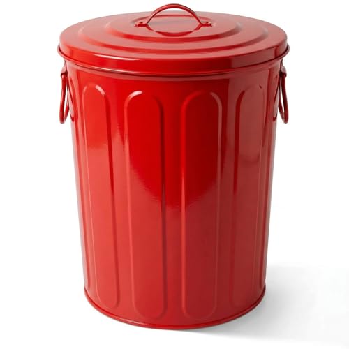 Plexon 5 Gallon Small Metal Trash Can with Lid Outdoor Galvanized Steel Bucket with Lid 5 Gal Storage Can for Dog Food Bird Seed Storage Container, Red - color: Red