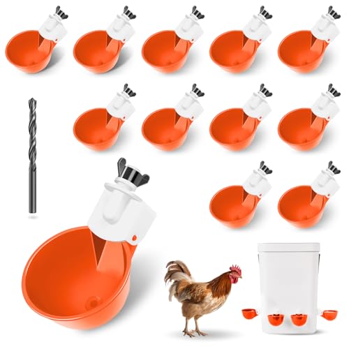 Chicken Water Cups 12 Pack, Automatic Filling Waterer Feeder Bowl, Gravity Poultry Watering System, Chicken Water Dispenser, Chicken Coop Accessories for Hens, Duck, Goose, Turkey (Orange) - color: Orange 12cups