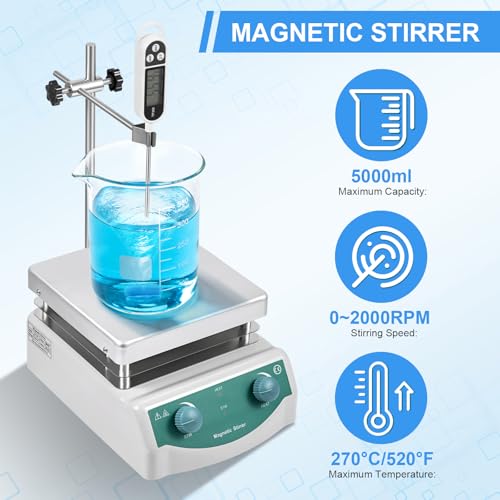 Magnetic Stirrer Hot Plate, Mixer with 5L Stirring Capacity, Up to 520°F, 0-2000 RPM Adjustable Speed, 6.7 x 6.7 inch Hot Plate, Includes Magnetic Stir Bar & Support Stand