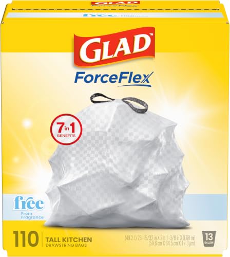 Glad ForceFlex Tall Kitchen Trash Bags, 13 Gallon, Fragrance Free, 110 Count (Package May Vary) - size: 110 Count (Pack of 1)