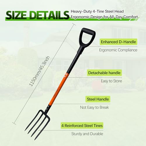 Pitch Fork for Garden, 4-Tines Garden Fork, 45-Inch Spading Fork, Heavy Duty Compost Digging Fork with Steel Handle and Enhanced D-handle, Orange