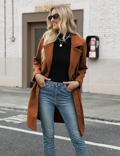 Women Winter Wool Blend Camel Mid-Long Coat Notch Double-Breasted Lapel Jacket Outwear - color: Brown, size: Medium