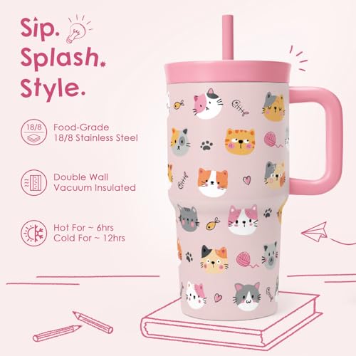 SANDJEST Cat Stainless Steel Tumbler 20oz with Handle and Silicone Straw Locking Lid for Kids Girls, Birthday Christmas Back to School - color: Cat