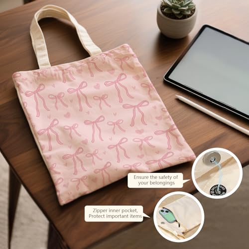 Aesthetic Canvas Tote Bag for Women - with Magnetic Snap Closure & Zipper Inner Pocket Reusable Totes Bag - color: Bow1