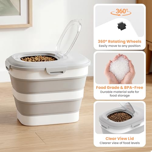 28 Lbs Dog Food Storage Container, Collapsible Cat Food Container | Airtight Pet Food Storage Containers with Wheels, Clear Window, Measuring Cup and Scoop, BPA Free for Rice, Flour, Bird Seed - color: Grey/28lbs