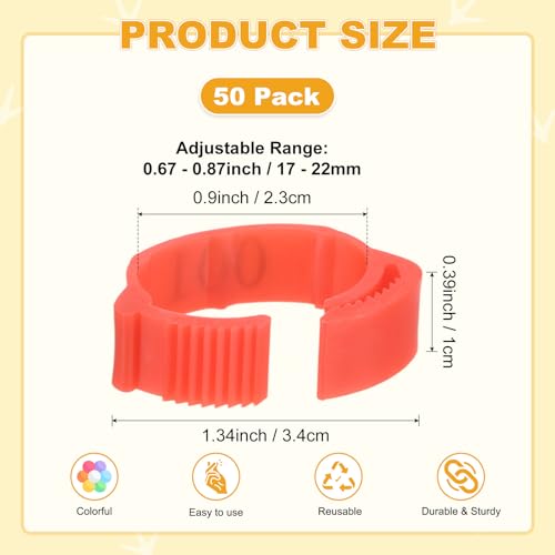 M METERXITY 50-Pack Adjustable Chickens Leg Bands, 17-22 mm Plastic Poultry Identification Chicken Leg Rings for Turkey/Duck/Goose/Chicks, Colorful Numbered Foot Clip on Tags [Red] - color: Red