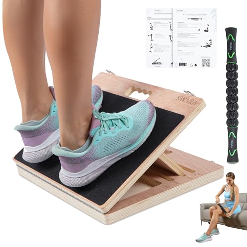 Swara 14″ Wide Wooden Slant Board for Calf Stretching & Exercise, Foldable | Adjustable incline board with thicker base, guide and bonus muscle roller; beginner-friendly, stable design, 400 lb capacity - size: 14x14 Inch