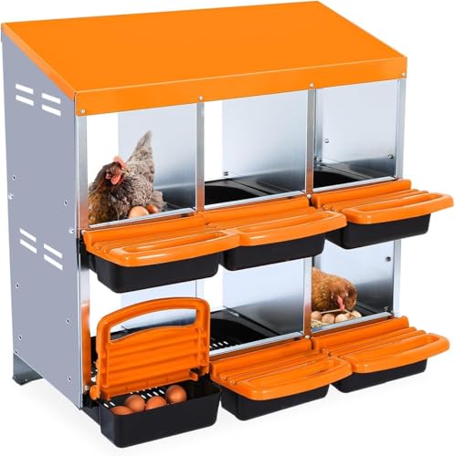 Chicken Nesting Box, 6 Hole 2 Layer Hen Nest Boxes, Roll-Away Egg Collection System with Ventilation Holes，Rustproof Plastic Tray & Keyhole Mounting, Chicken Laying Box - color: Orange, size: 6 holes