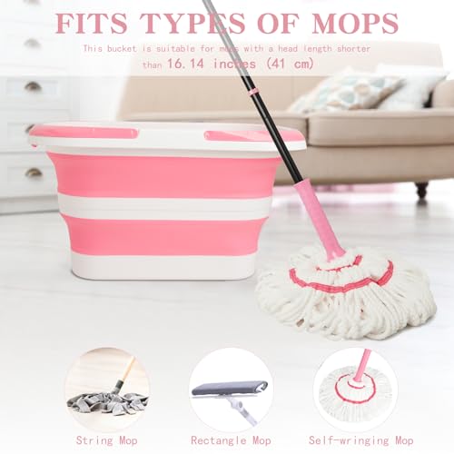 Large Collapsible Bucket for Cleaning, 4.2 Gallon (16L) Silicone Bucket with Handle & Hanging Hole, Foldable Space-Saving Mop Bucket for Home, Storage. Car Wash, Camping, Beach (Pink White) - color: Pink White