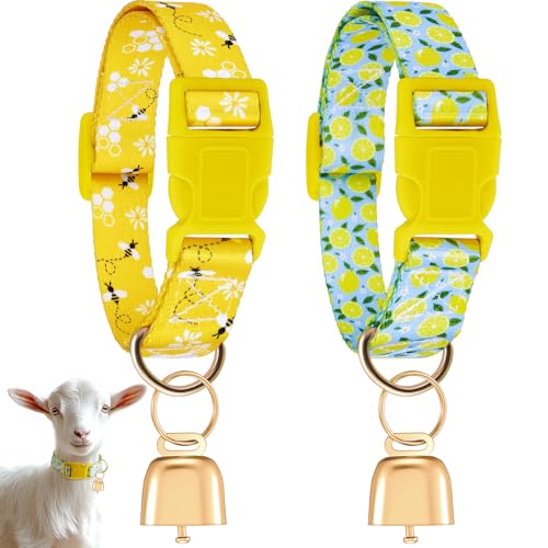 2 Pack Goat Collars with Bells, Sheep Grazing Copper Bells and Adjustable Nylon Collar Set Loud Bronze Bell Small Farm Animal Sheep Cow Accessories(Lemon, Bee) - style: Lemon, Bee