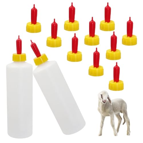 2 Sets 500ml Lamb Goat Feeding Bottle with 10 Reusable Rubber Nipples | Vented Nipple Anti-bloat Leak-proof Livestock Bottle, Livestock Milk Feeder Bottle Set for Baby Goats Lambs Sheep Pig Puppies
