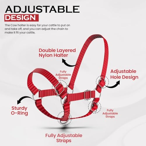Adjustable Nylon Cow Halter | Calf Halter one Halter for (1 Year to Full Size) Easy Adjustable Straps elimates the Need of Ill-Fitting Cattle Halter - color: RED
