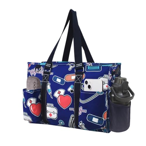 NGIL Utility Water Resistant Tote Bag | Work Tote for Women, Nurse Bag, Teacher's Choice Purse, Gym Bag, Everyday Organizer Top Zipper Closure - color: Nurse Theme-navy
