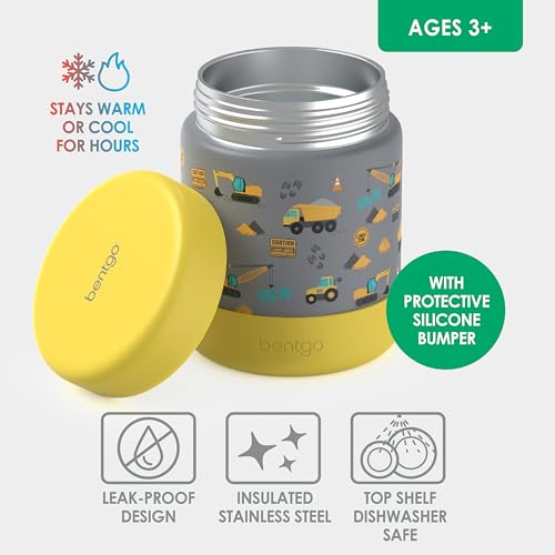 Bentgo Kids Stainless Steel Leak-Proof Food Jar for Hot or Cold Food | 11 fl oz Double Insulated Container with Removable Silicone Bumper, Dishwasher Safe, Easy Open Lid, Ages 3+ (Construction) - color: Construction Trucks