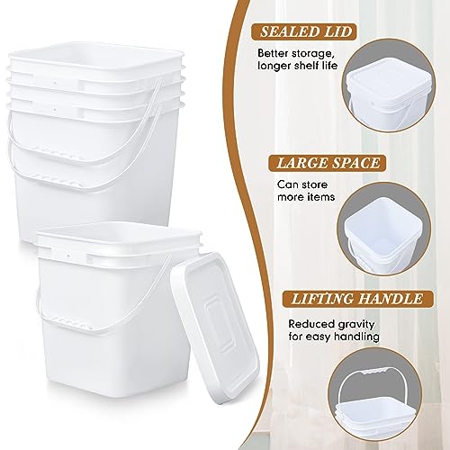 Mumufy 5 Pcs 3.5 Gallon Square Food Grade Bucket with Lid Square Bucket Pail Plastic Handles for Long Term Food Storage, Camping, Fishing, Home Organization Easy Stack and Store (White) - color: White