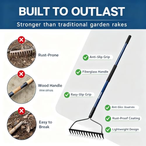 WIKER Heavy Duty Steel Garden Rake, 57 Inch Fiberglass Long Handle with 14 Tempered Tines, One-Piece Non-Slip Yard Rake for Soil, Gravel, Leaves, Gardening & Landscaping