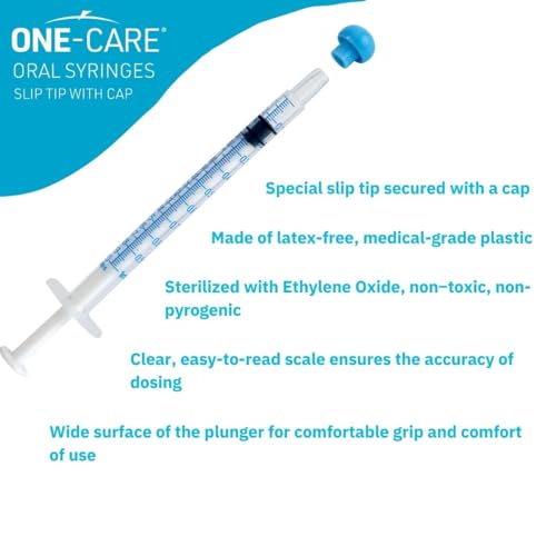 ONE-CARE 1ml Oral Syringe w/Cap, Slip Tip Liquid Dispensers, 100/Box | Precise Dosing, Infants-Oral Feed, Accurate Graduation, Individually Wrapped, Food-Grade Plastic, Adult & Pet - size: 1ml