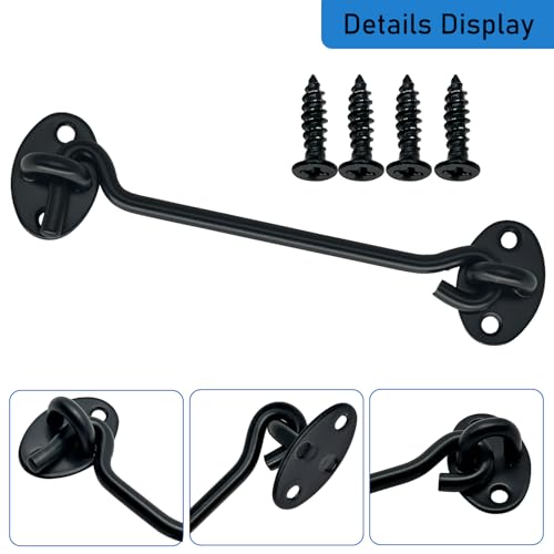 4 Pack 6" Hook and Eye Gate Latch, Stainless Steel Rust-Resistant Barn Door Lock Cabin Hooks for Gate Shutters Window Slide Barn Shed Cabinet Bathroom, with 16pcs Screw,Black - color: Black, size: 6 inch(4pcs)