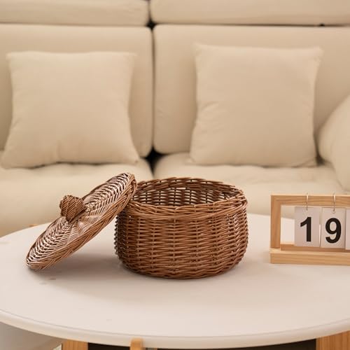 Handwoven Round Wicker Egg Basket with Lid for Kitchen & Fruit | Small Round Rustic Storage for Countertop, Pantry, Farmhouse & Bedside Table Use