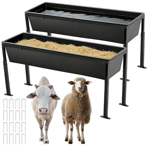 2 Pack 38.6 Inch Livestock Feeding Trough, 11 Gal Water 66 Lbs Feed | Water and Feed Use, Adjustable Stand, Non Slip Spill Proof, Metal Plastic Construction, Horses Goats Sheep Cattle, Farm Use