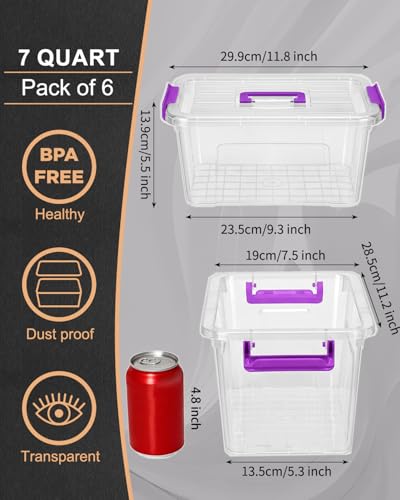 EOENVIVS 6 Pack Clear storage bins with lids, 7 Qt storage containers with lids with Color Buckles, Stackable storage box Set for organizers and storage, Closet, Pantry, Shelves & shoe boxes - color: Clear+Purple