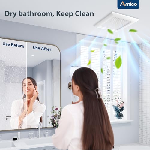 Amico Bathroom Exhaust Fan, 110 CFM, 1.0 Sones, Low Noise, ETL & FCC | Ceiling Opening 9.4 ''x 9.4'', Household Bath Ventilation Fans, Ceiling Mounted, No Attic Access Needed - size: 110 CFM (No Light)