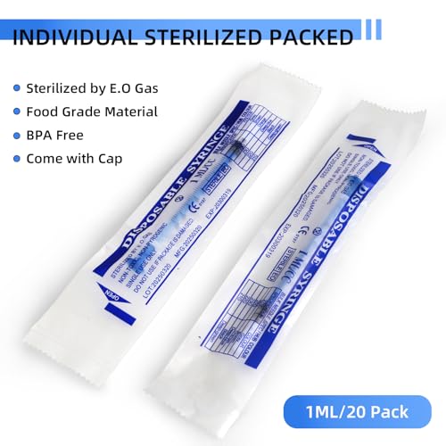 20 Pack 1ml Syringe for Liquid, 1cc Colostrum Syringes, Plastic Small Syringes with Cap for Scientific Labs, Measuring Liquids, Oral Dispenser, Feeding Pets - Individually Sterile Packed