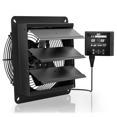 10 Inch Shutter Exhaust Fan with Temperature Humidity Controller | Automatic Shutter, 576 CFM Wall Mounted Attic Fan, Ventilation and Cooling for Greenhouse, Garage, Studios, Workshops