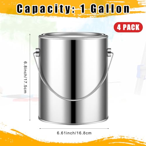 Uiifan 4 Pcs 1 Gallon Metal Paint Cans with Lids Handles Empty,Silver | Heavy Duty Steel Construction, Leak-proof Sealed Lids, For Varnish Storage DIY Crafts, Sturdy Handle for Easy Transport