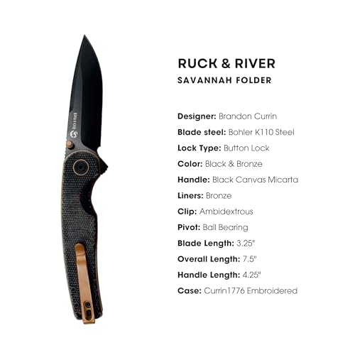 Ruck & River Savannah Folding Knife, Bohler K110 Steel, Button Lock EDC | Canvas Micarta Handle, Ambidextrous Pocket Clip, Camping Knife for Men, 3.25in Blade, Ball Bearing Pivot, Carry Case
