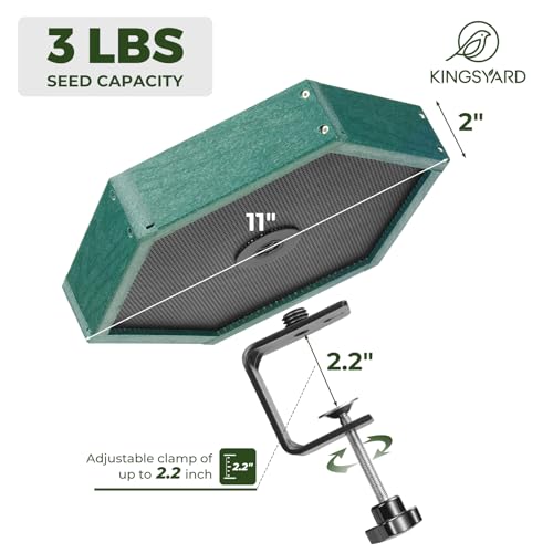 Kingsyard Clamp-On Deck Bird Feeder for Balcony Railings, No Drill | Recycled Poly Lumber, Weather Resistant, Mesh Tray for Airflow & Drainage, Fits Railings up to 2.2 in - color: Green