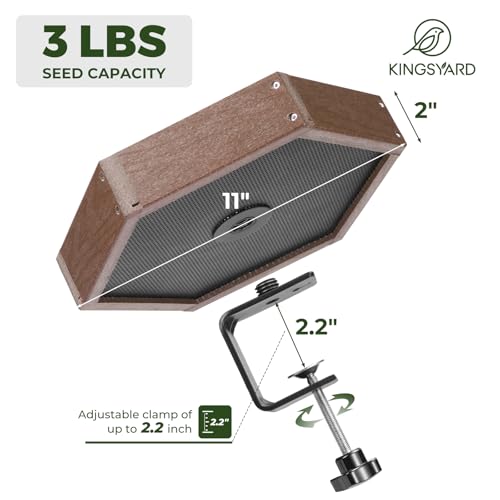 Kingsyard Clamp-On Deck Bird Feeder for Balcony Railings, No Drill | Recycled Poly Lumber, Weather Resistant, Mesh Tray for Airflow & Drainage, Fits Railings up to 2.2 in - color: Brown