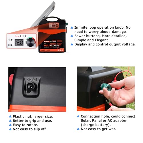 Solar Electric Fence Charger - 9 Joule Fence Energizer 25W Solar Panel Fence Energizer 12V Battery 120Miles Range Electric Fence Energizer Ideal for Livestock, Poultry, Large Animals - size: ADS9000