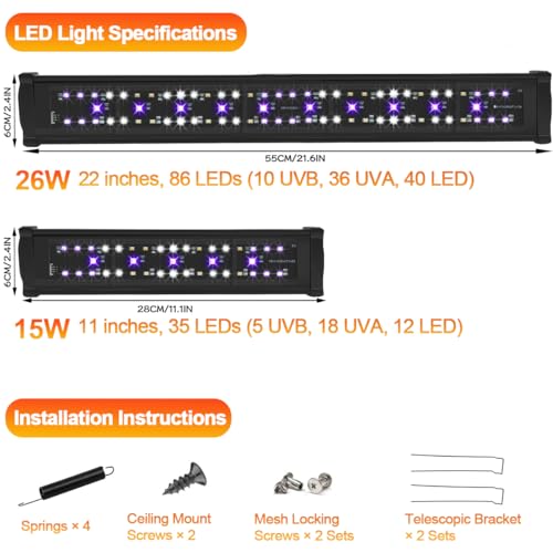 LED UVB Reptile Light with Timer & Dimmer, Adjustable 10.0-20.0 UVA UVB Fixture, Full Spectrum Sunlamp for Bearded Dragons, Turtles, Snakes, Desert & Tropical Habitats, 11-Inch - size: 11 Inch