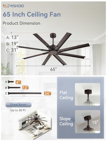 ZMISHIBO 65 Inch Ceiling Fan without Light, 8 Aluminum Reversible Blades | Industrial-Grade, DC Motor, Damp Rated, 6 Speeds, Remote Control, 3 Downrods, Flat/Sloped Ceiling, Living Room, Patio, Gym - color: Oil-bronze, size: 65inch