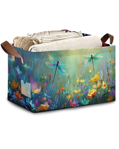 Dragonfly Storage Basket,Flower Collapsible Storage Bin Cubes for Living Room Bedroom Blankets Home Storage 17x11.5x10Inch - color: Dragonfly Flower