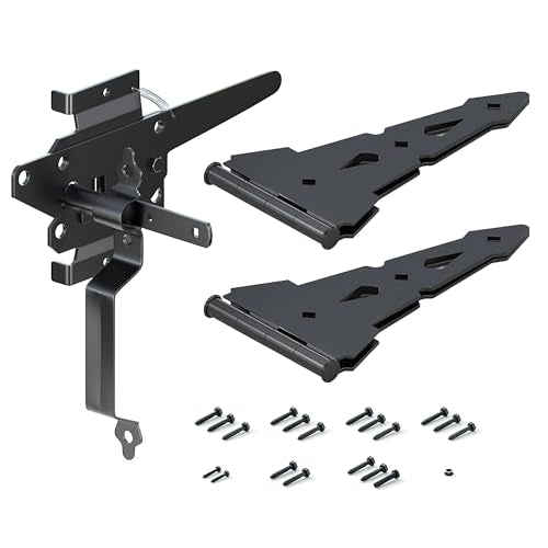 8" Heavy Duty Decorative Strap Hinges and Spring Loaded Latch Kit with Screws for Outdoor Fence Swing Gate Black Finish，Wood Gate Hardware Set，with Handle (1, Black)