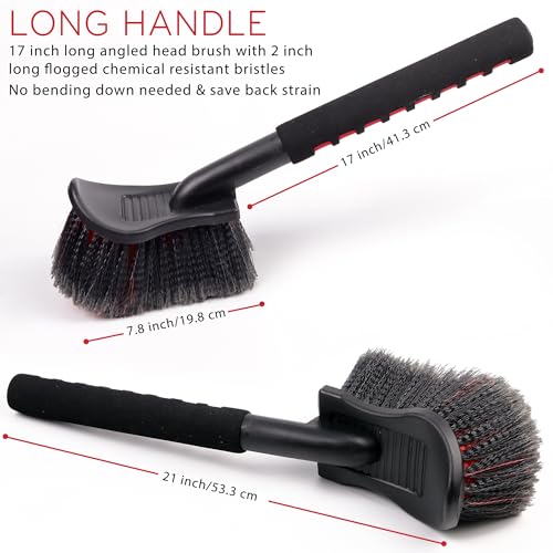 TAKAVU 17.5in Tire Brush, Soft Bristle Long Handle, Scratch-Free (Red) | Scrubs Sidewalls, Brake Dust & Wheel Wells on Cars, Trucks, RVs & Mats, Safe for Chrome & Alloy Rims - color: Red
