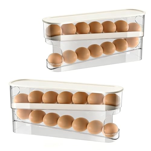 2pcs Auto Rolling Egg Holder for Fridge, Egg Dispenser/Organizer/Storage/Container with Lid for Refrigerator, Sturdy and Durable Space-Saving Egg Tray for 12 Large Eggs - size: 2pcs