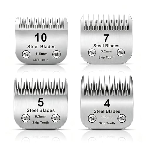 10+7+5+4 Skip tooth Dog Grooming Steel Blade Set for Andis,Oster A5 Clipper | Detachable Pet Blade ,Compatible with Wahl KM10 Series Clippers,Cut Length 1/16"(1.5mm) to 3/8”(9.5mm),4 Pack - size: 10+7+5+4 Skip tooth Blade