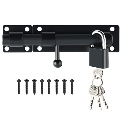 Alise 6 inch Barrel Bolt Latch,Black Heavy Duty Slide Lock for Barn Door | SUS304 Stainless Steel Padlock-Style Slide Bolt Latch,Security Gate Latch for Wooden Fence,Outdoor Door(Includes a door lock) - color: Black, size: 6 inch-lock set