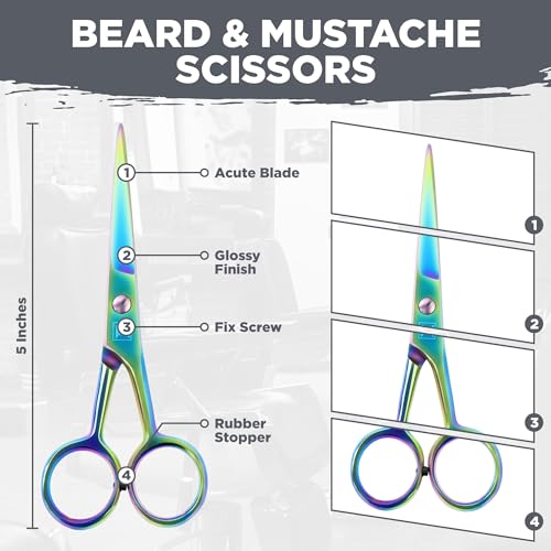 Mustache & Beard Scissors for Men – Stainless Steel Grooming Kit with Comb & Travel Case – Sharp Facial Hair Trimming Tool for Mustache, Beard, Nose & Eyebrows - color: Multi