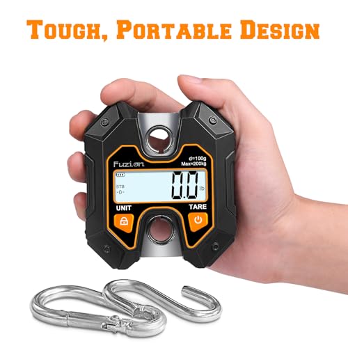 Fuzion Hanging Scale 440lb/200kg, Mini Crane Scale w/Stainless Steel Hook | No Setup Required, Hold/Tare Function, Large Display, Digital Hanging Scales for Weighing Animals, Hays, Fish, Travel Luggage - color: Black+Orange, size: 440LB
