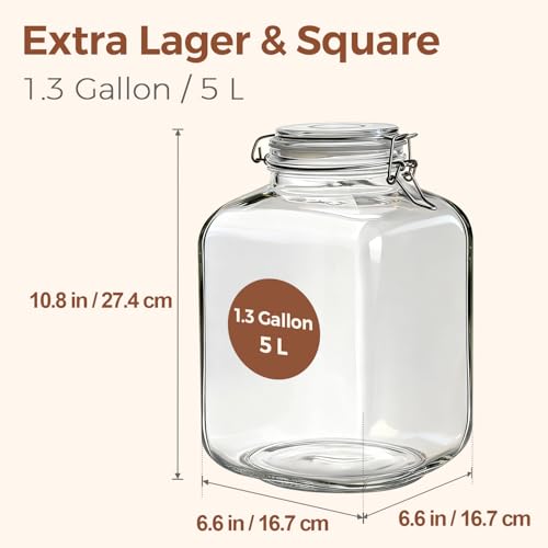 ComSaf Square Glass Jars with Airtight Lid 1.3 Gallon 2 Pack Large Canister | Flour sugar rice, Kombucha pickling, Pantry organization, Bulk storage, Pickling fermenting, Cabinet organization, Snacks - size: 1.3 Gal*2