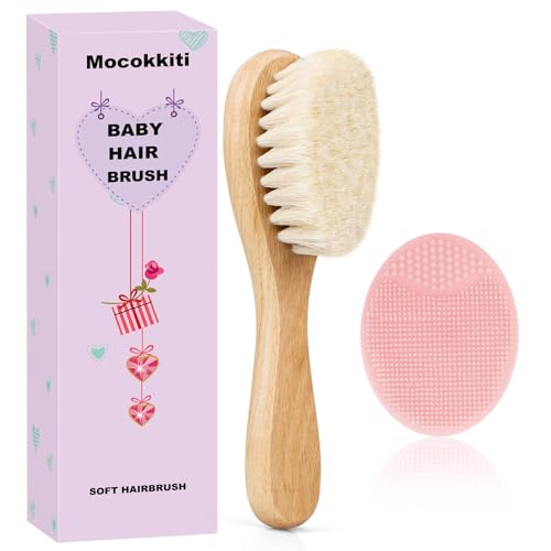 Baby Hair Brush and Pink Cradle Cap Brush Set for Newborns and Toddlers, Wooden Baby Hair Brush Set with Soft Goat Bristle, Baby Hair Care Kit (2PCS) - color: Pink