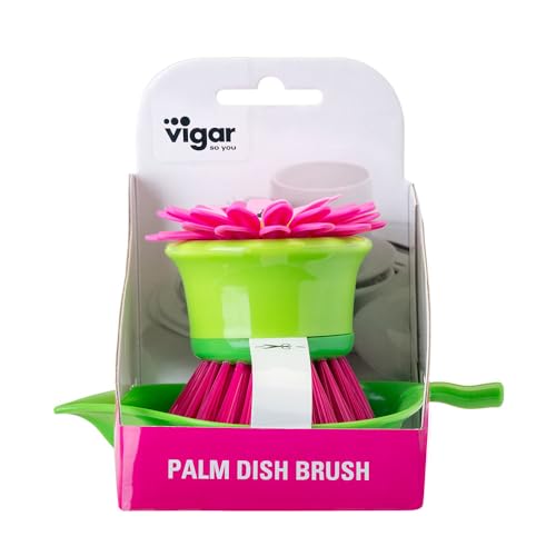 Vigar Flower Power Palm Dish Scrub Brush with Holder - Pink, Green | Kitchen Brushes for Dishes, Sink Brush, Cleaning Brushes for Household Use - color: Pink, Green